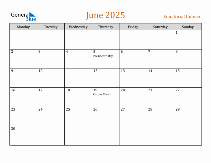 June 2025 Holiday Calendar with Monday Start