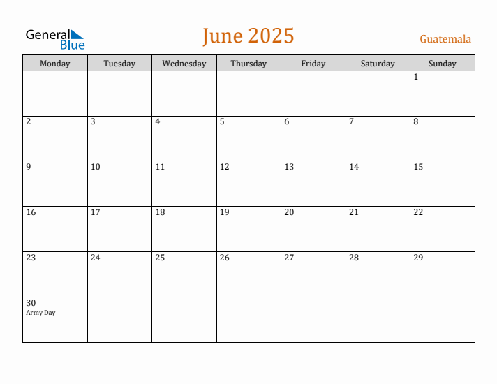 June 2025 Holiday Calendar with Monday Start