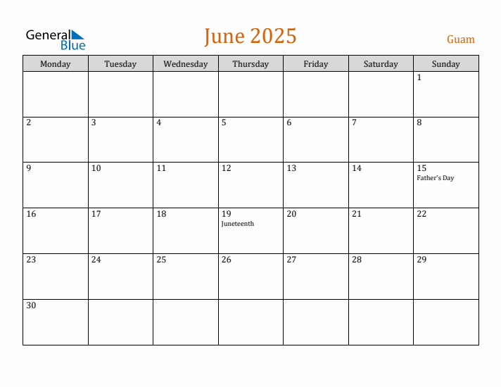 June 2025 Holiday Calendar with Monday Start