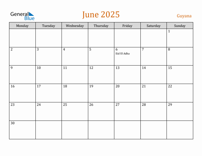 June 2025 Holiday Calendar with Monday Start