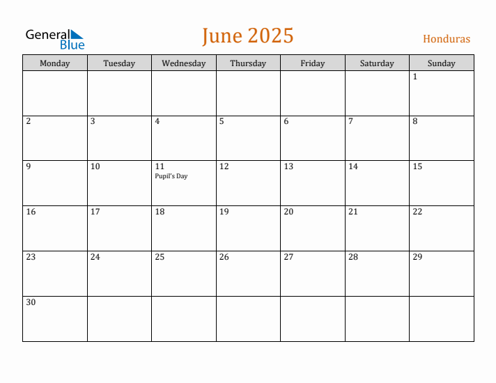 June 2025 Holiday Calendar with Monday Start