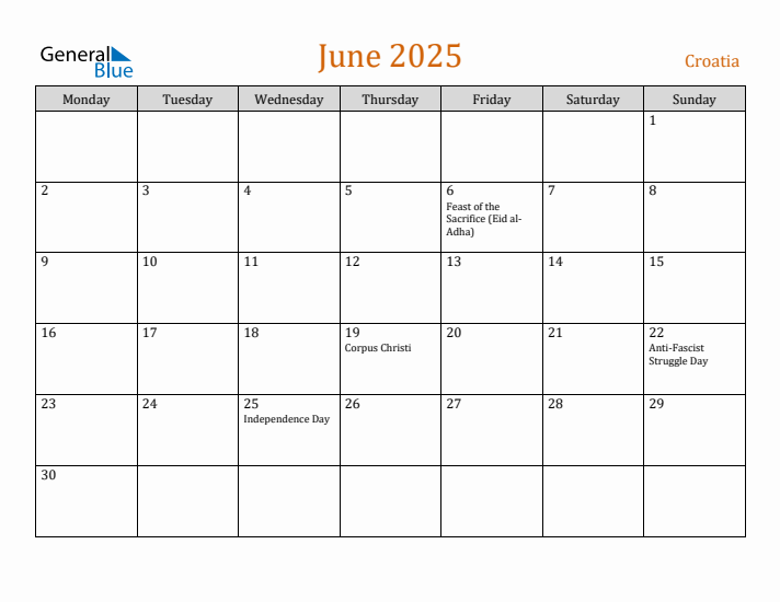 June 2025 Holiday Calendar with Monday Start