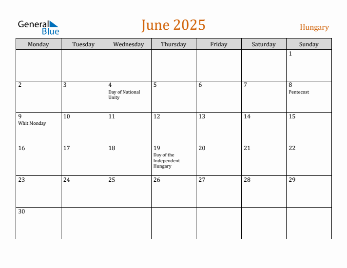 June 2025 Holiday Calendar with Monday Start