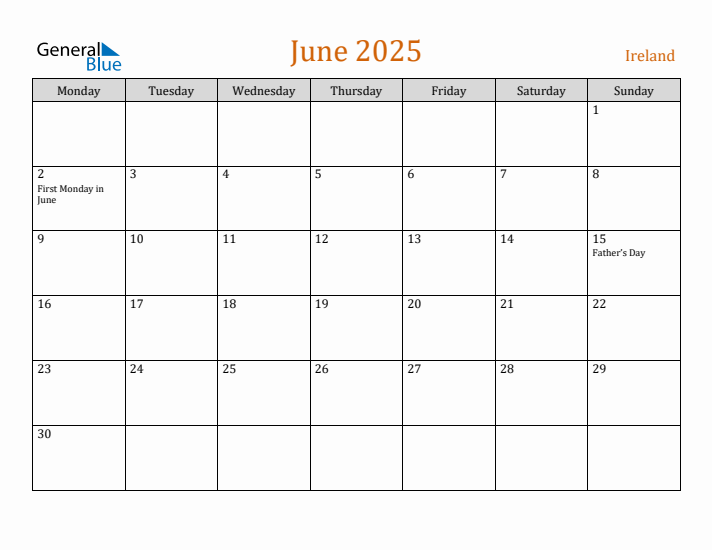 June 2025 Holiday Calendar with Monday Start