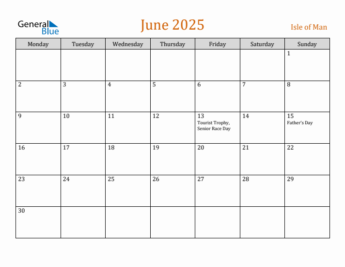 June 2025 Holiday Calendar with Monday Start