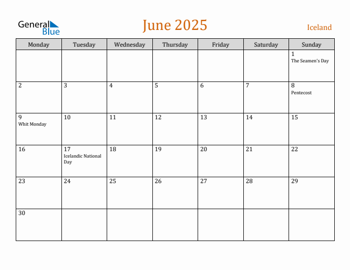 June 2025 Holiday Calendar with Monday Start