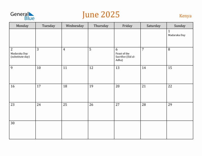 June 2025 Holiday Calendar with Monday Start