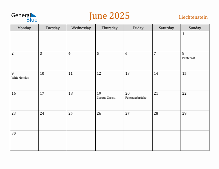 June 2025 Holiday Calendar with Monday Start