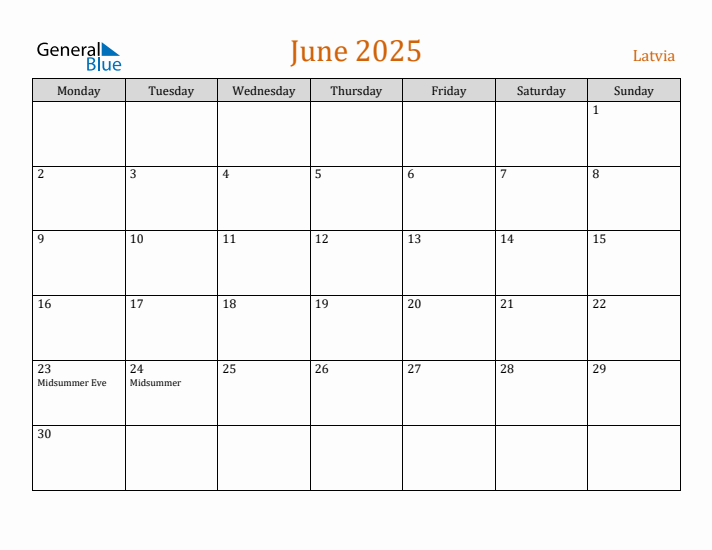 June 2025 Holiday Calendar with Monday Start