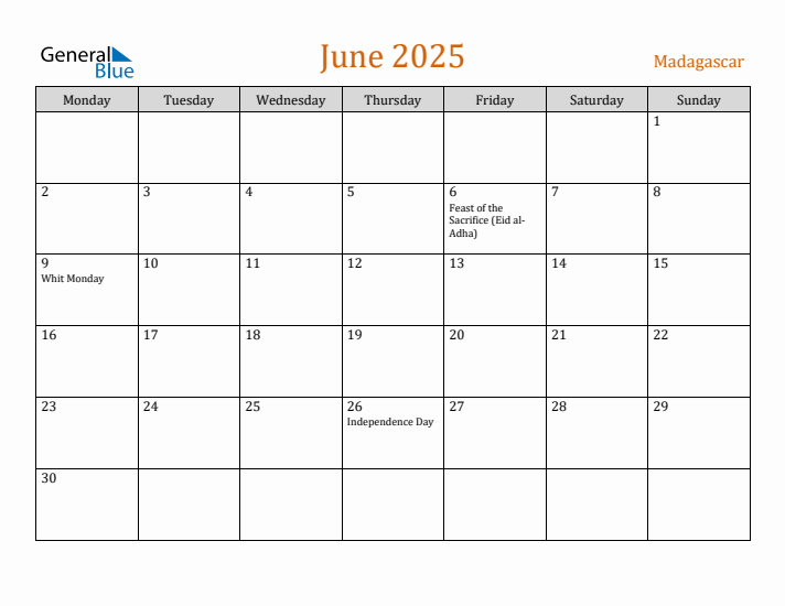 June 2025 Holiday Calendar with Monday Start