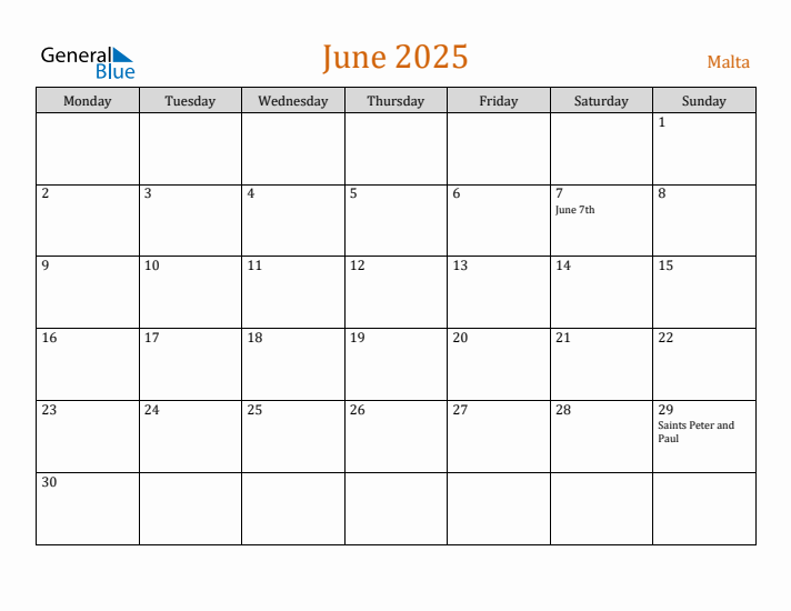 June 2025 Holiday Calendar with Monday Start