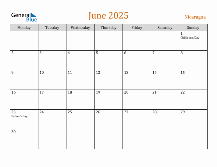 June 2025 Holiday Calendar with Monday Start