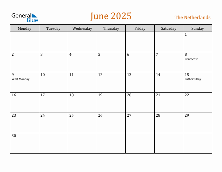 June 2025 Holiday Calendar with Monday Start