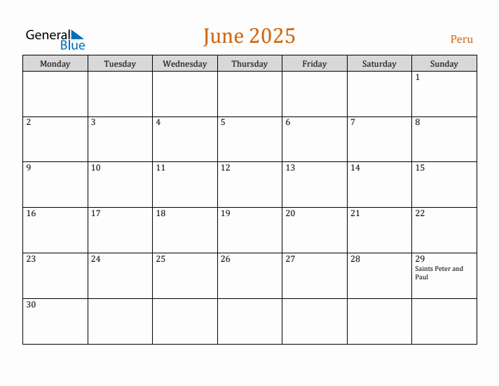 June 2025 Holiday Calendar with Monday Start