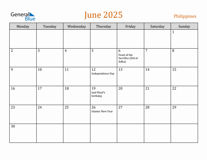 June 2025 Holiday Calendar with Monday Start