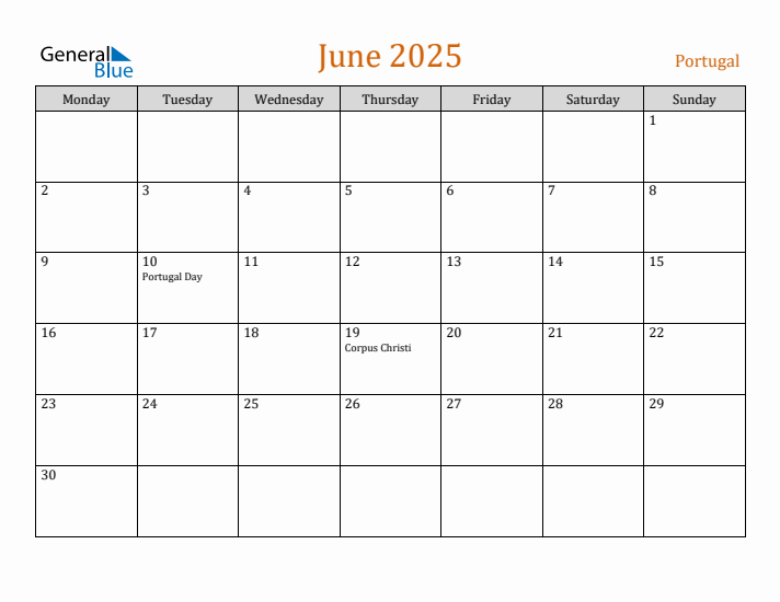 June 2025 Holiday Calendar with Monday Start