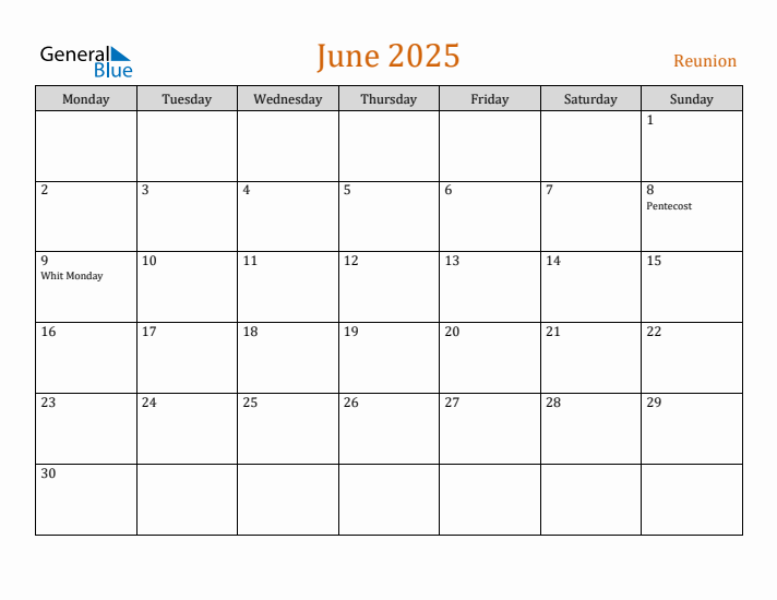 June 2025 Holiday Calendar with Monday Start