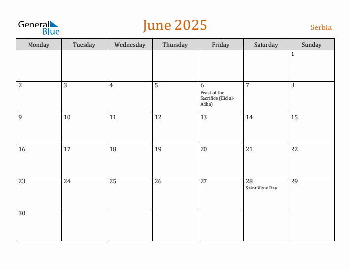 June 2025 Holiday Calendar with Monday Start