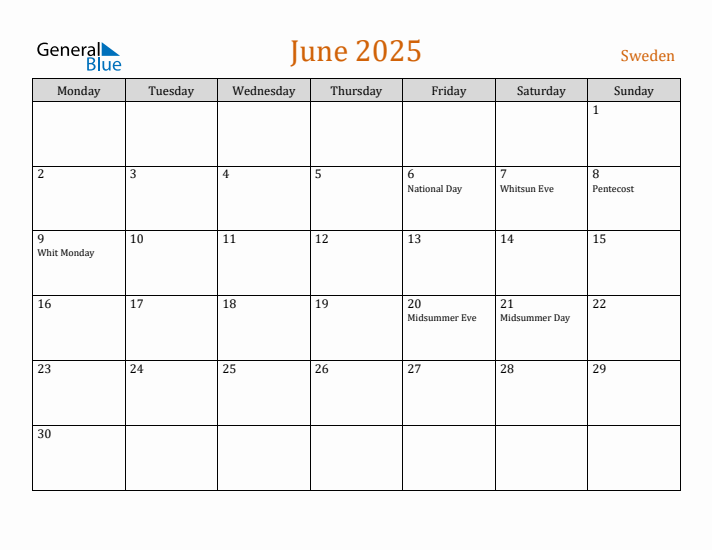 June 2025 Holiday Calendar with Monday Start