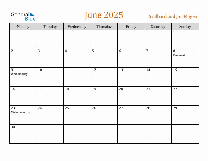 June 2025 Holiday Calendar with Monday Start