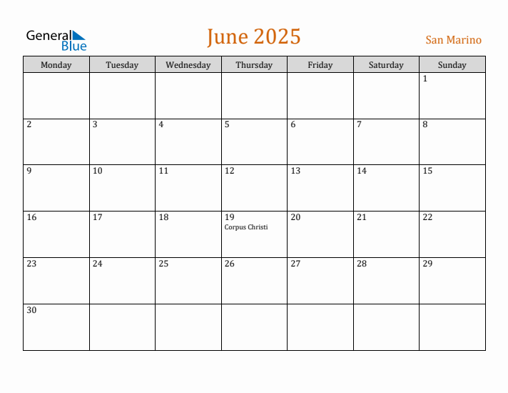 June 2025 Holiday Calendar with Monday Start