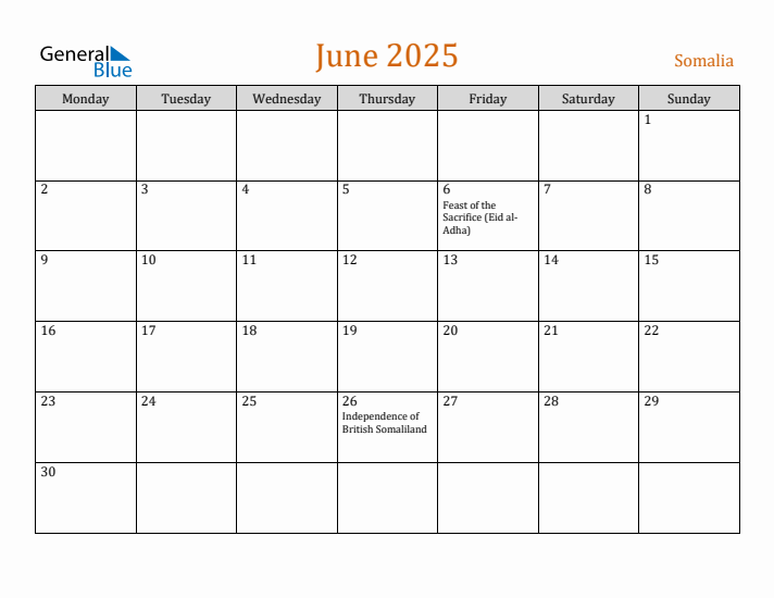 June 2025 Holiday Calendar with Monday Start