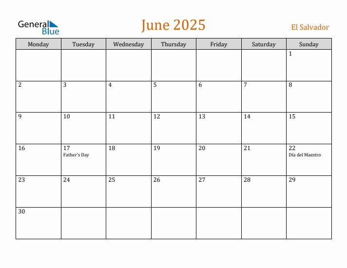 June 2025 Holiday Calendar with Monday Start