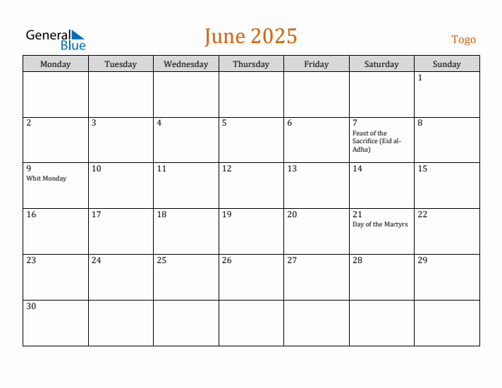 June 2025 Holiday Calendar with Monday Start