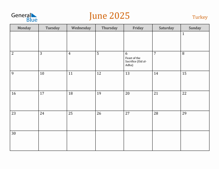 June 2025 Holiday Calendar with Monday Start