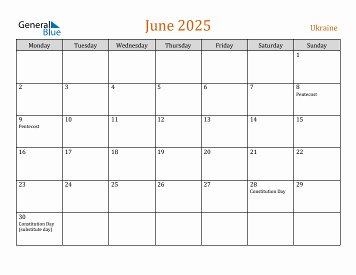 June 2025 Holiday Calendar with Monday Start