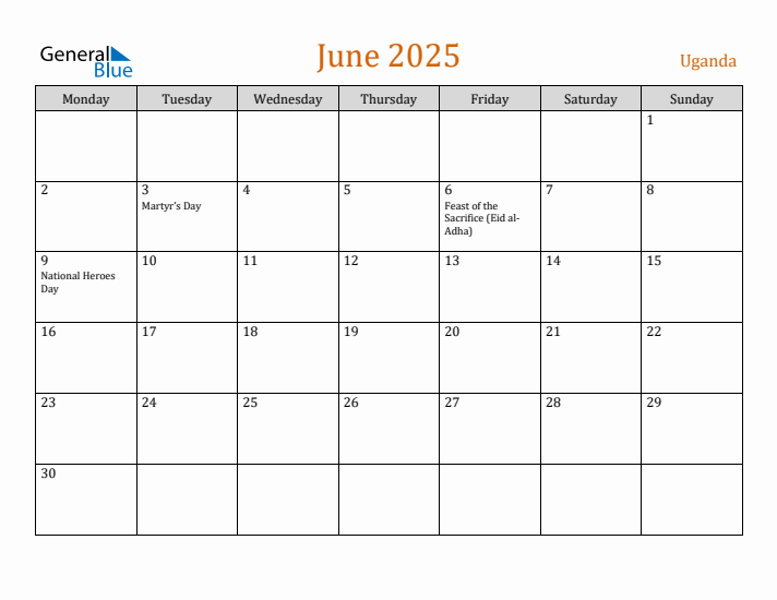 June 2025 Holiday Calendar with Monday Start