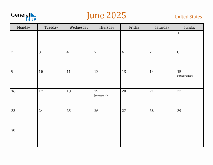 June 2025 Holiday Calendar with Monday Start