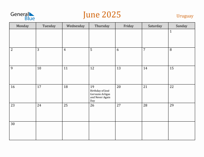 June 2025 Holiday Calendar with Monday Start