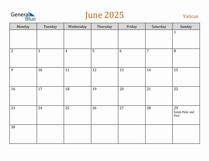 June 2025 Holiday Calendar with Monday Start