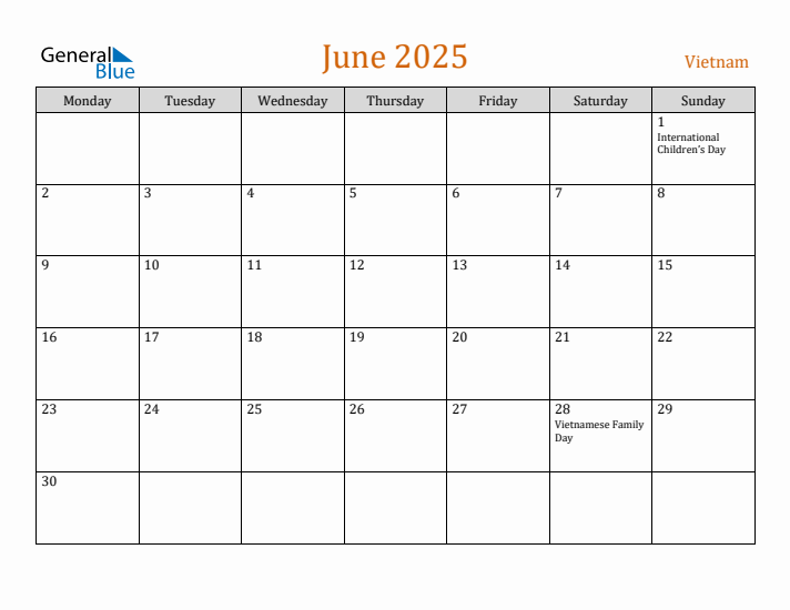 June 2025 Holiday Calendar with Monday Start