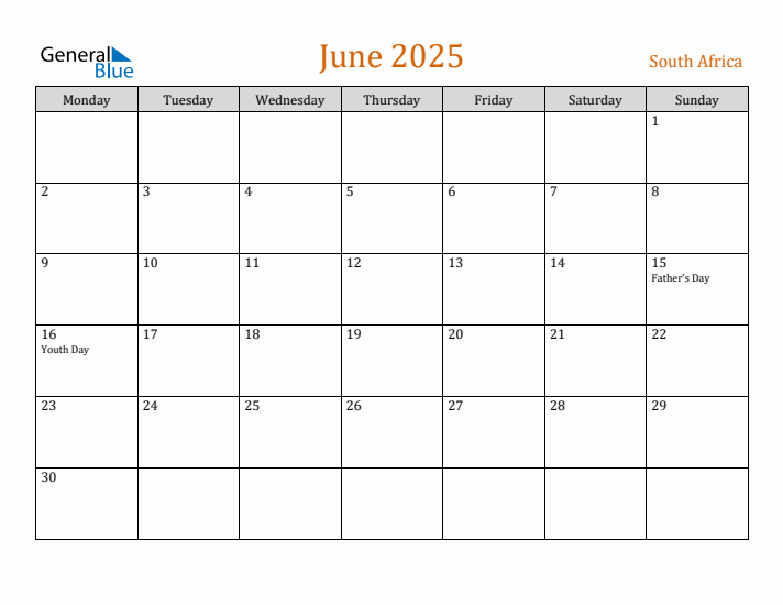 June 2025 Holiday Calendar with Monday Start