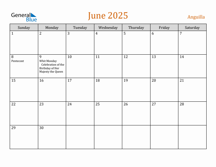 June 2025 Holiday Calendar with Sunday Start