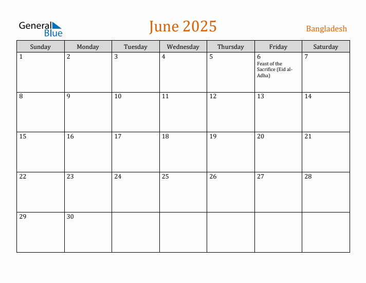 June 2025 Holiday Calendar with Sunday Start