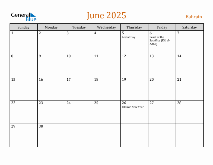 June 2025 Holiday Calendar with Sunday Start