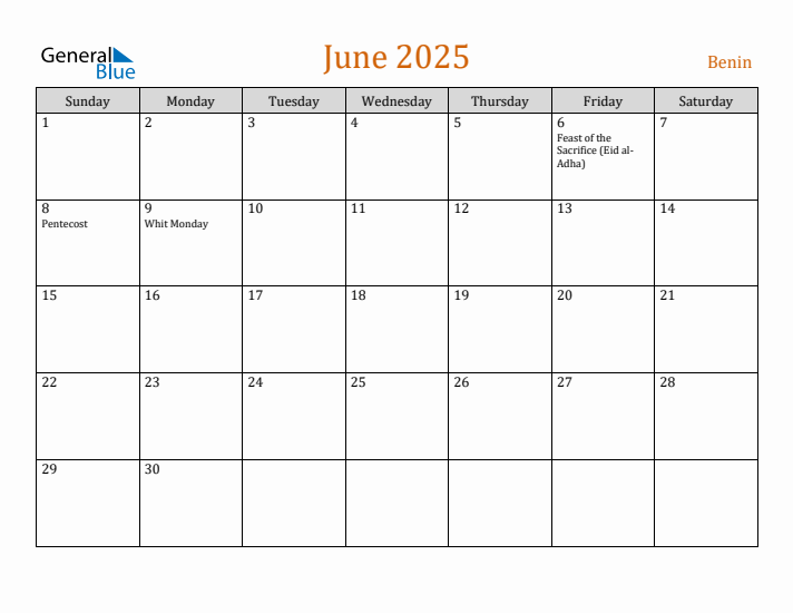 June 2025 Holiday Calendar with Sunday Start