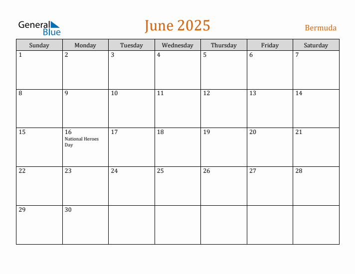 June 2025 Holiday Calendar with Sunday Start