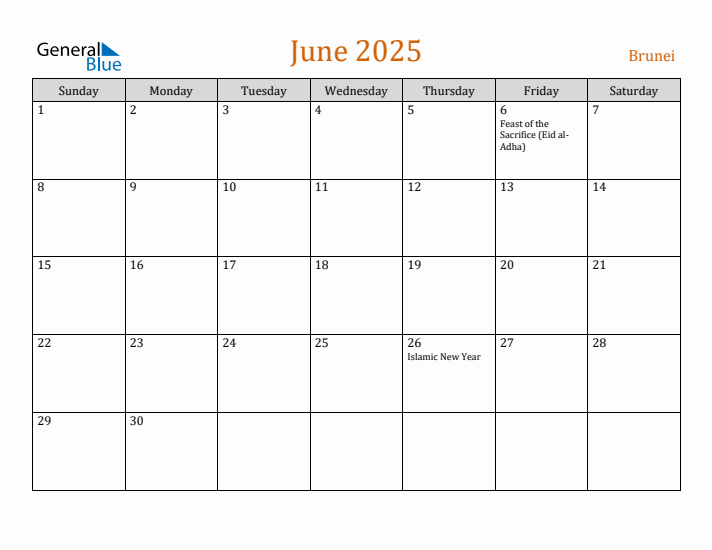 June 2025 Holiday Calendar with Sunday Start