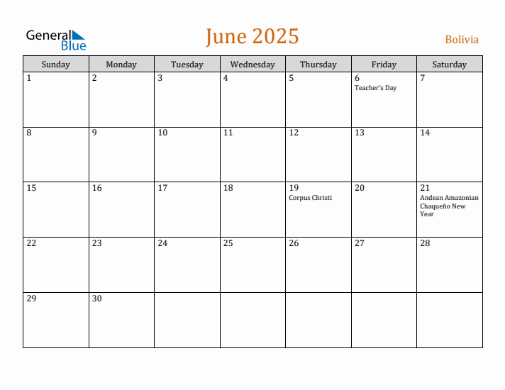 June 2025 Holiday Calendar with Sunday Start