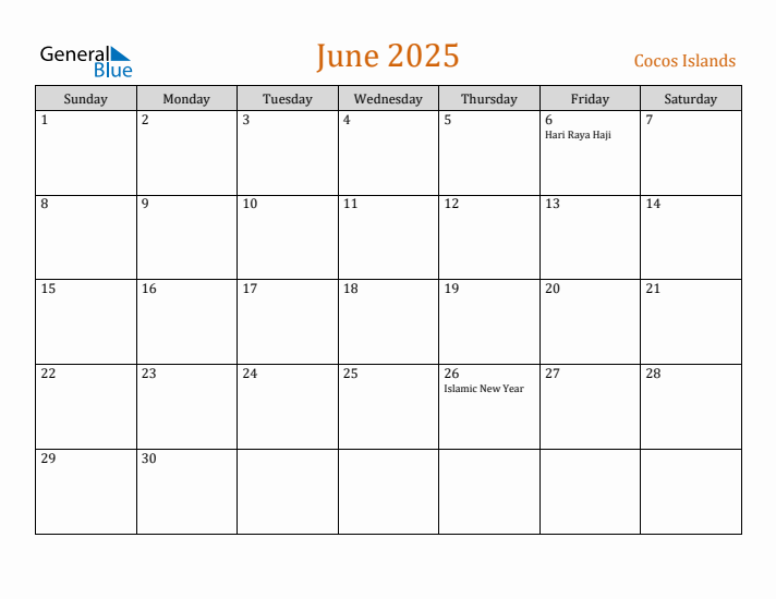 June 2025 Holiday Calendar with Sunday Start