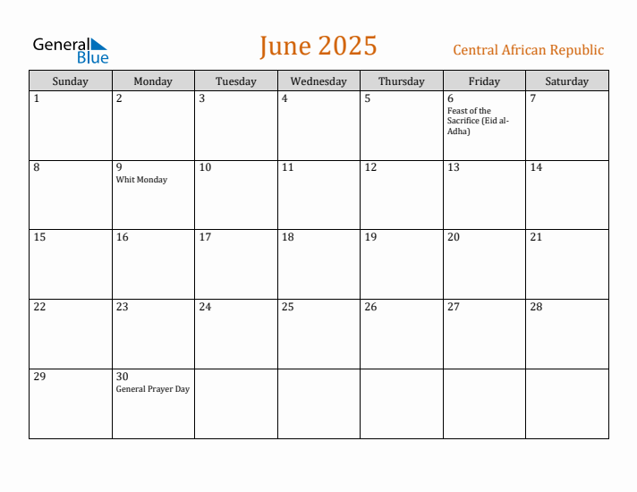 June 2025 Holiday Calendar with Sunday Start