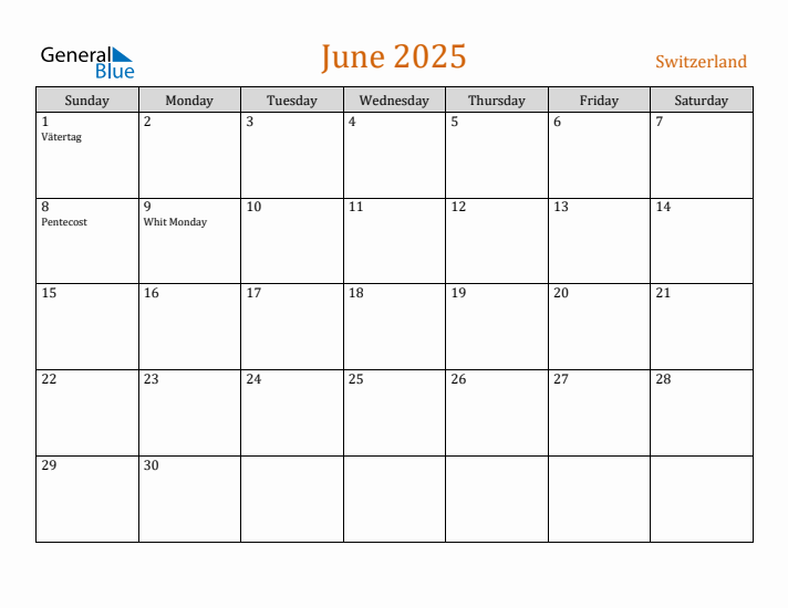 June 2025 Holiday Calendar with Sunday Start