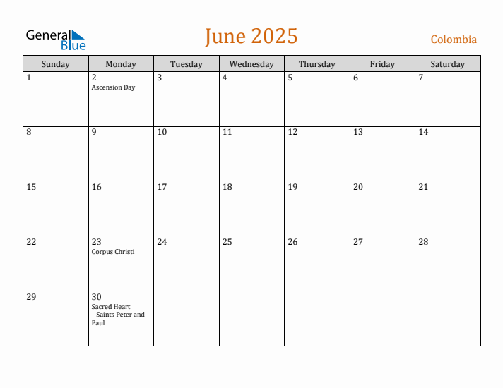 June 2025 Holiday Calendar with Sunday Start