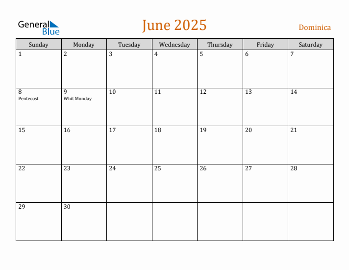 June 2025 Holiday Calendar with Sunday Start