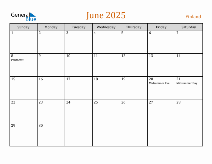 June 2025 Holiday Calendar with Sunday Start