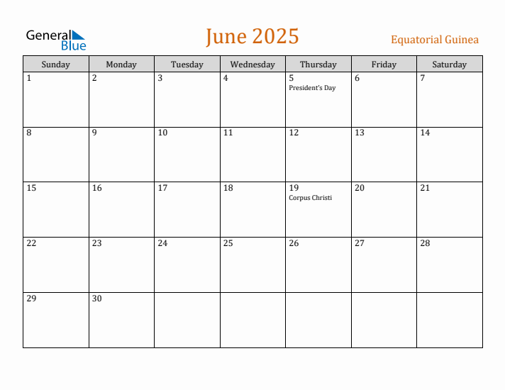 June 2025 Holiday Calendar with Sunday Start